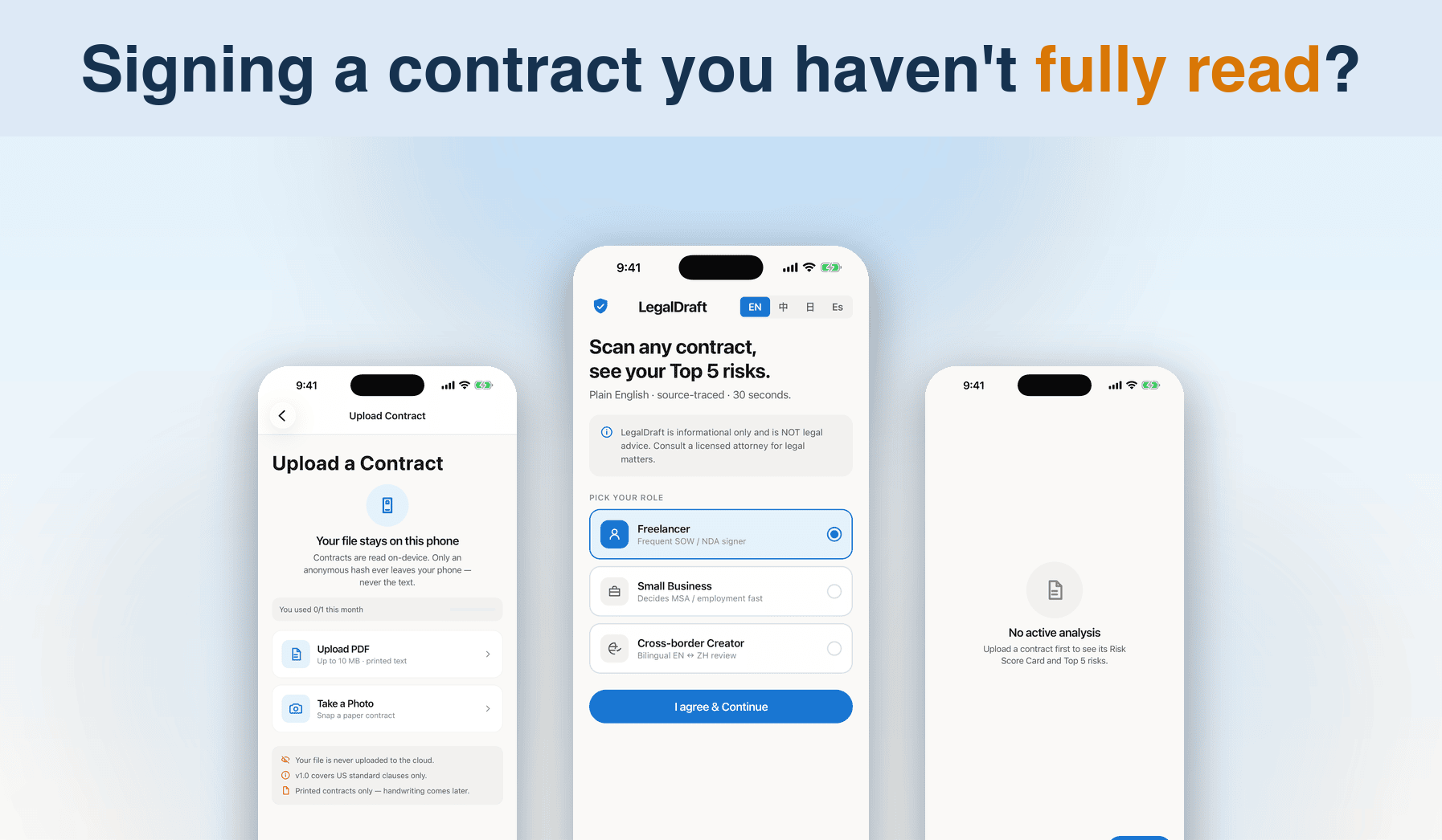 LegalDraft on device: contract upload, AI data-sharing consent, and the risk-scan home screen