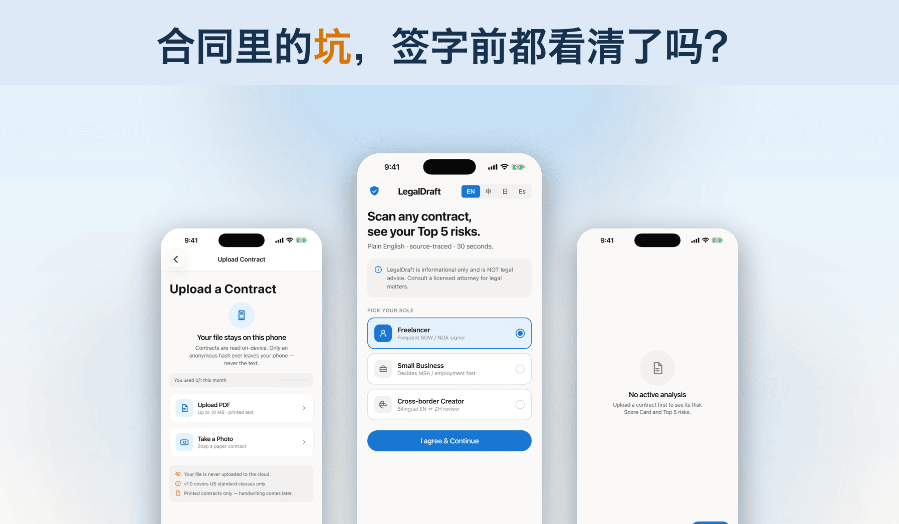 LegalDraft 真机界面：合同上传、AI 数据共享同意与风险扫描首页